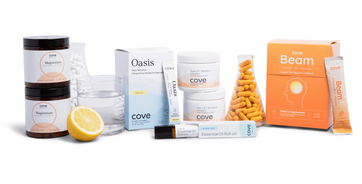 An image of Cove's wellness portfolio, showcasing a variety of supplements, essential oils, and vitamins designed to help you manage your migraine.