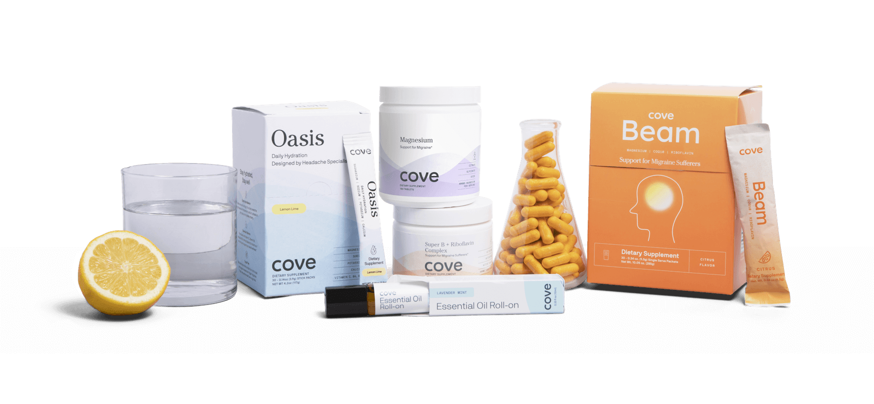 An image of Cove's wellness portfolio, showcasing a variety of supplements and vitamins designed to help you manage your migraine.
