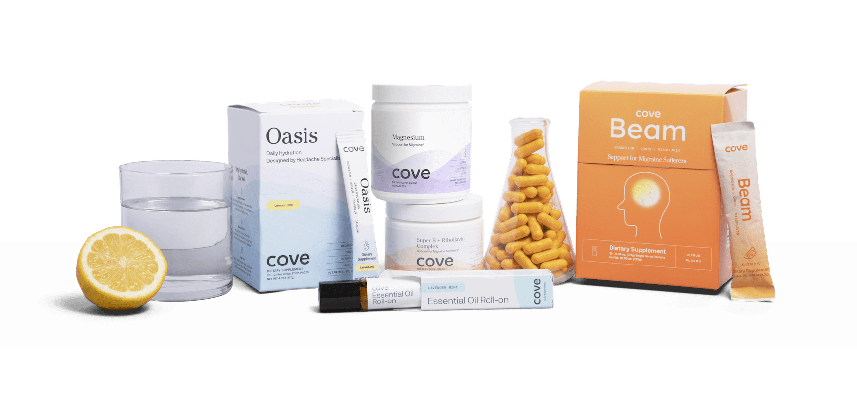 An image of Cove's wellness portfolio, showcasing a variety of supplements, essential oils, and vitamins designed to help you manage your migraine.